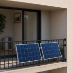 Batterie solaire résidentielle installée près d’une baie vitrée avec panneaux sur balcon