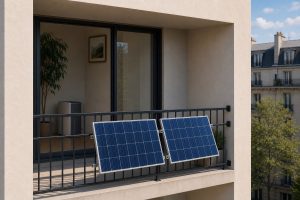 Batterie solaire résidentielle installée près d’une baie vitrée avec panneaux sur balcon