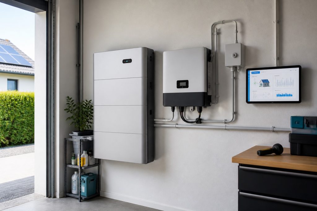 Batterie domestique moderne à côté d’un onduleur et d’un écran de suivi énergétique