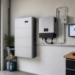 Batterie domestique moderne à côté d’un onduleur et d’un écran de suivi énergétique