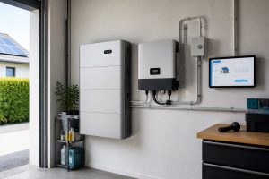 Batterie domestique moderne à côté d’un onduleur et d’un écran de suivi énergétique