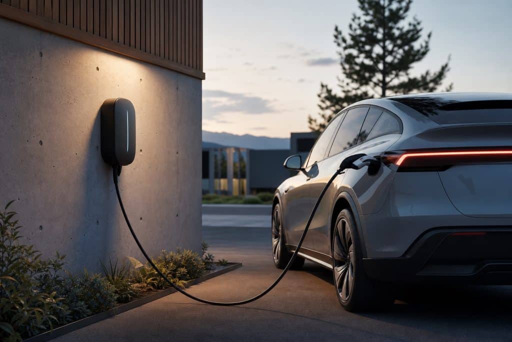 Voiture électrique moderne branchée sur une borne avec batterie stylisée en arrière-plan