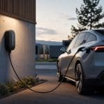 Voiture électrique moderne branchée sur une borne avec batterie stylisée en arrière-plan