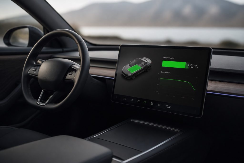 Tableau de bord numérique affichant l'état de santé d'une batterie de voiture électrique