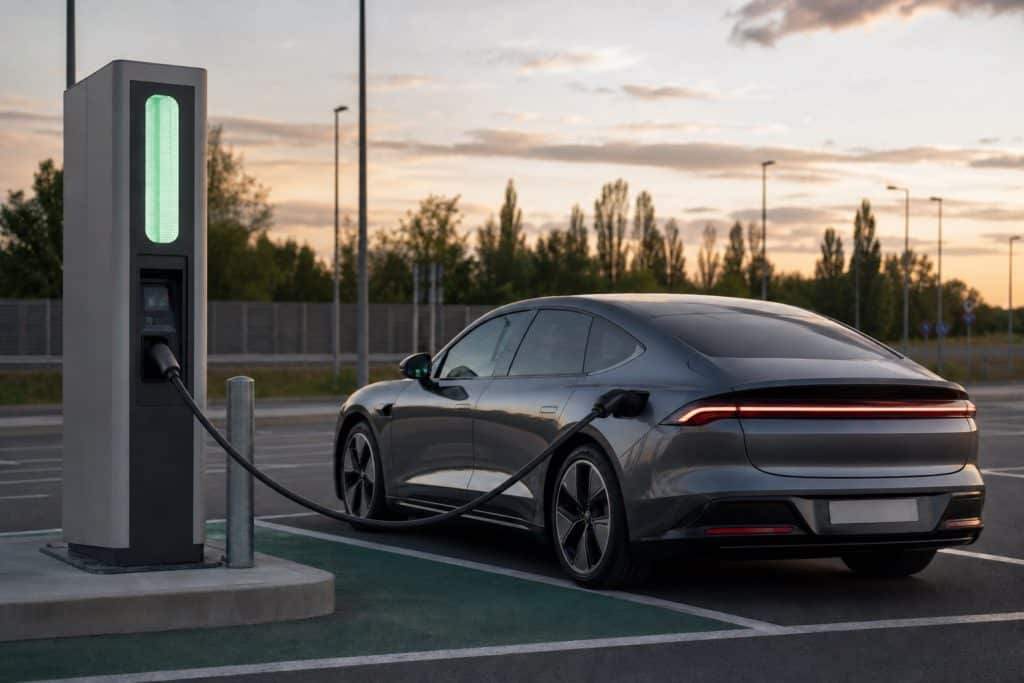 Voiture électrique en recharge rapide sur une aire moderne avec tableau de bord lumineux