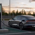 Voiture électrique en recharge rapide sur une aire moderne avec tableau de bord lumineux