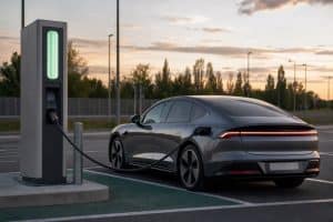 Voiture électrique en recharge rapide sur une aire moderne avec tableau de bord lumineux