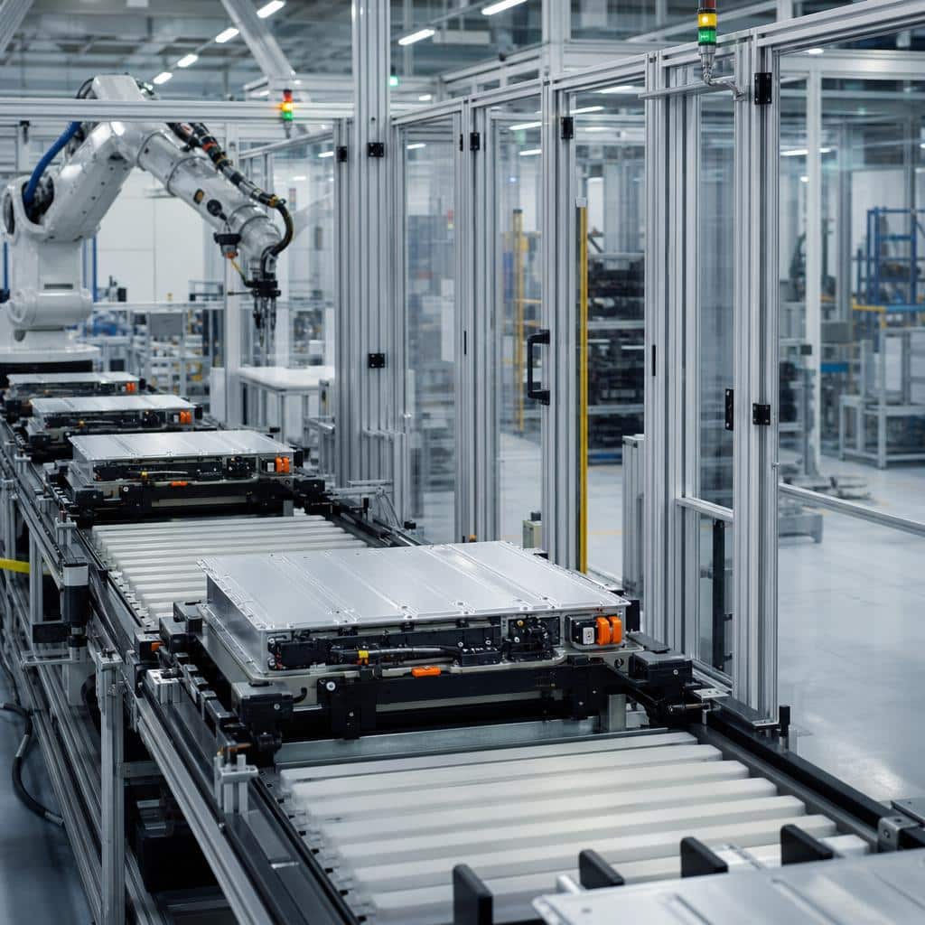 Lignes de production de batteries dans une usine moderne et lumineuse