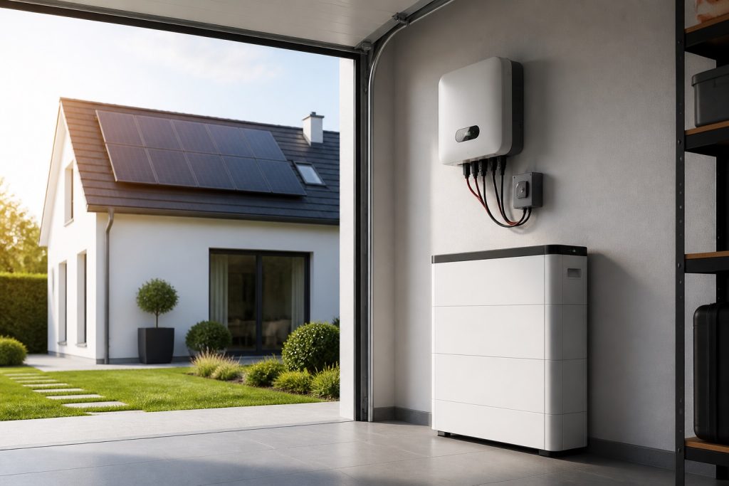 Module de batterie résidentielle moderne devant une maison équipée de panneaux solaires