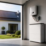 Module de batterie résidentielle moderne devant une maison équipée de panneaux solaires