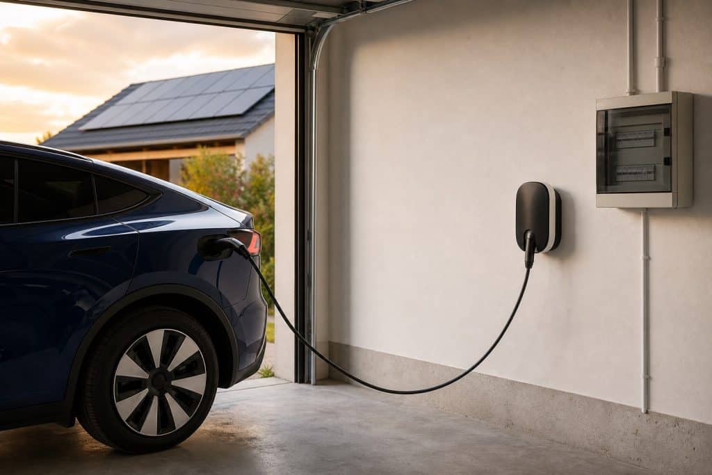 Borne de recharge murale installée dans le garage d'une maison avec voiture électrique