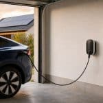 Borne de recharge murale installée dans le garage d'une maison avec voiture électrique