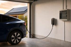 Borne de recharge murale installée dans le garage d'une maison avec voiture électrique