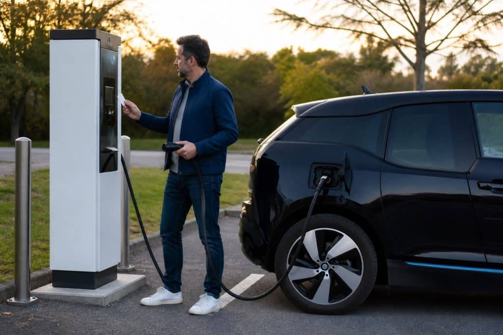 Automobiliste devant une borne de recharge publique avec badge RFID et câble prêt à être branché
