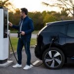 Automobiliste devant une borne de recharge publique avec badge RFID et câble prêt à être branché