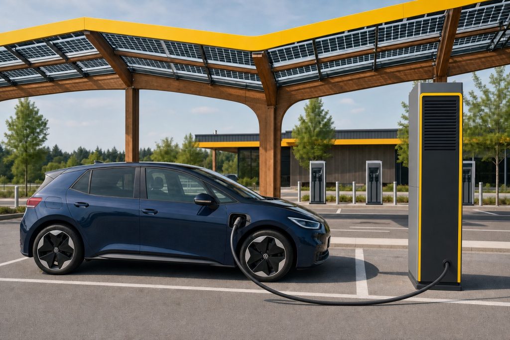 Station de recharge rapide européenne avec plusieurs voitures électriques branchées