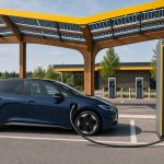 Station de recharge rapide européenne avec plusieurs voitures électriques branchées