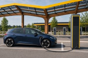 Station de recharge rapide européenne avec plusieurs voitures électriques branchées