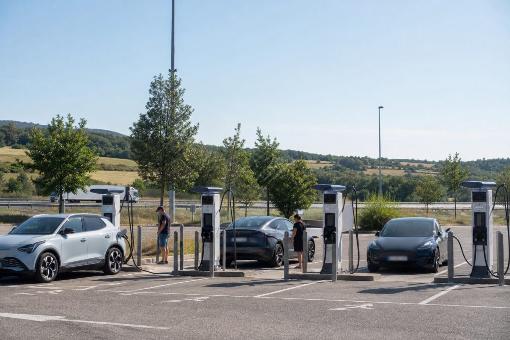 Station de recharge rapide fréquentée sur une aire française pendant les vacances d’été