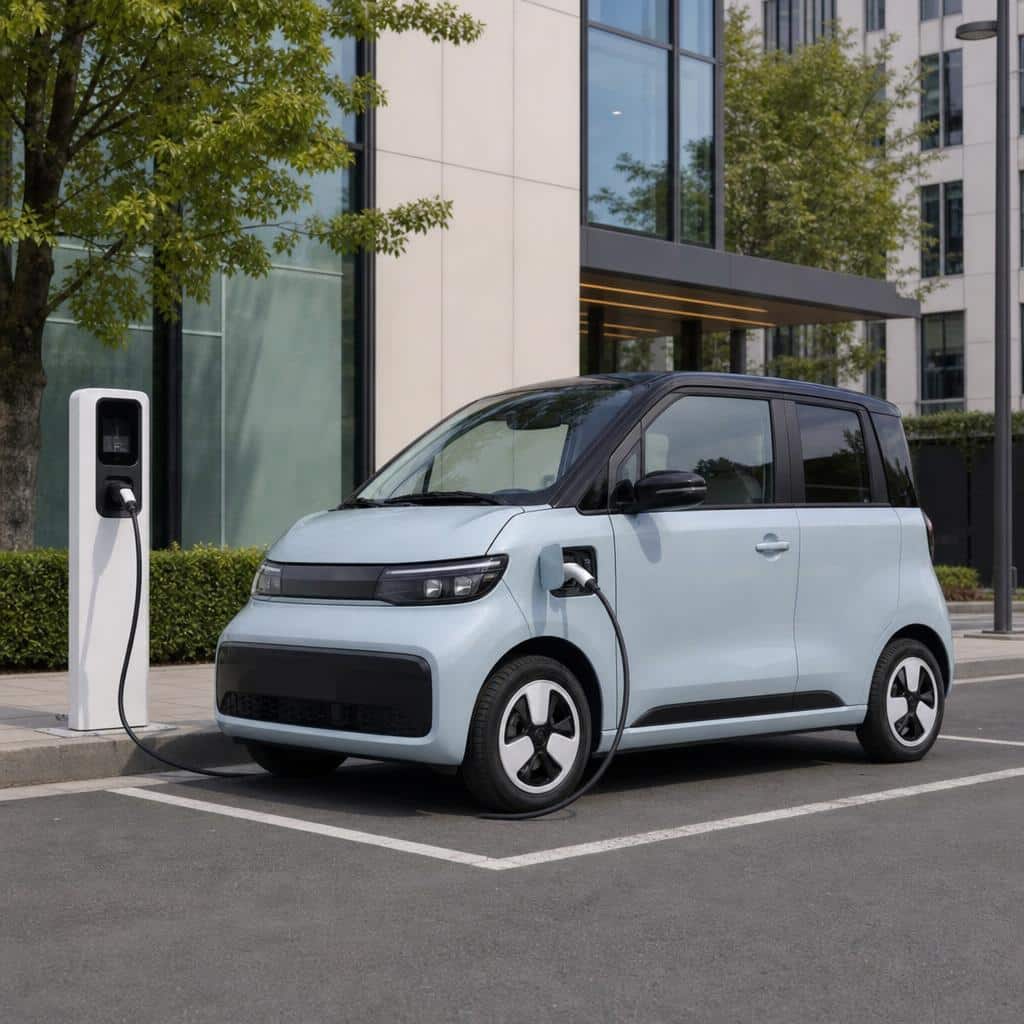 Petite citadine électrique moderne garée en environnement urbain dense