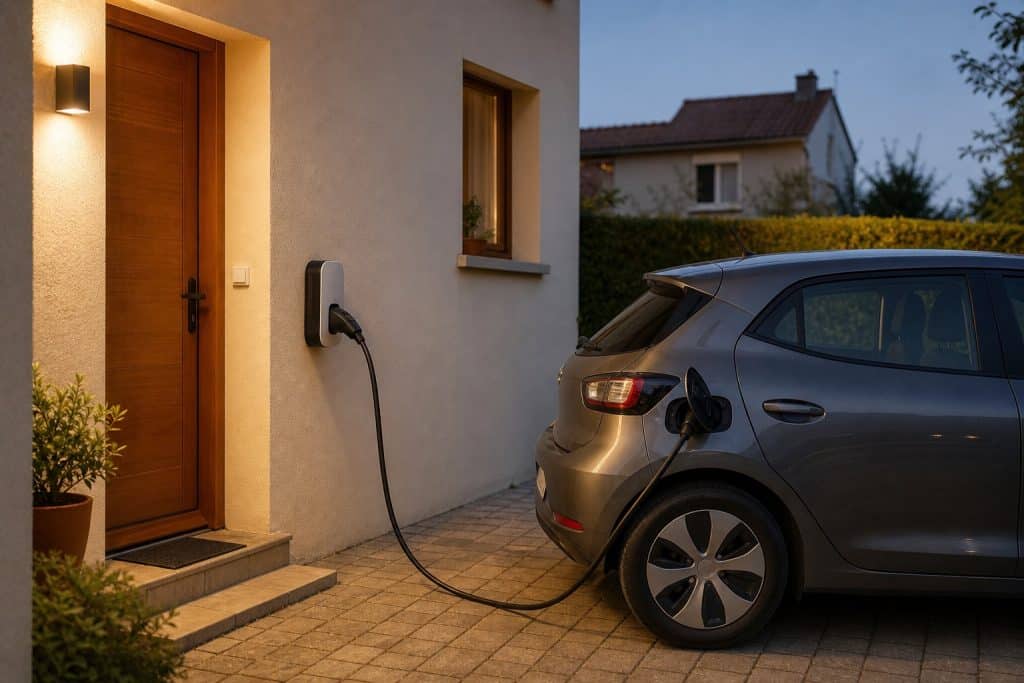 Voiture électrique compacte branchée à domicile avec un seul câble visible entre la prise et le véhicule