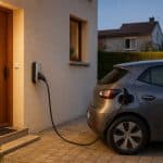 Voiture électrique compacte branchée à domicile avec un seul câble visible entre la prise et le véhicule