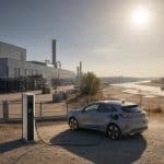 Une usine automobile sous une forte chaleur avec un fleuve au niveau bas en arriere-plan