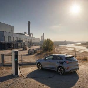Une usine automobile sous une forte chaleur avec un fleuve au niveau bas en arriere-plan