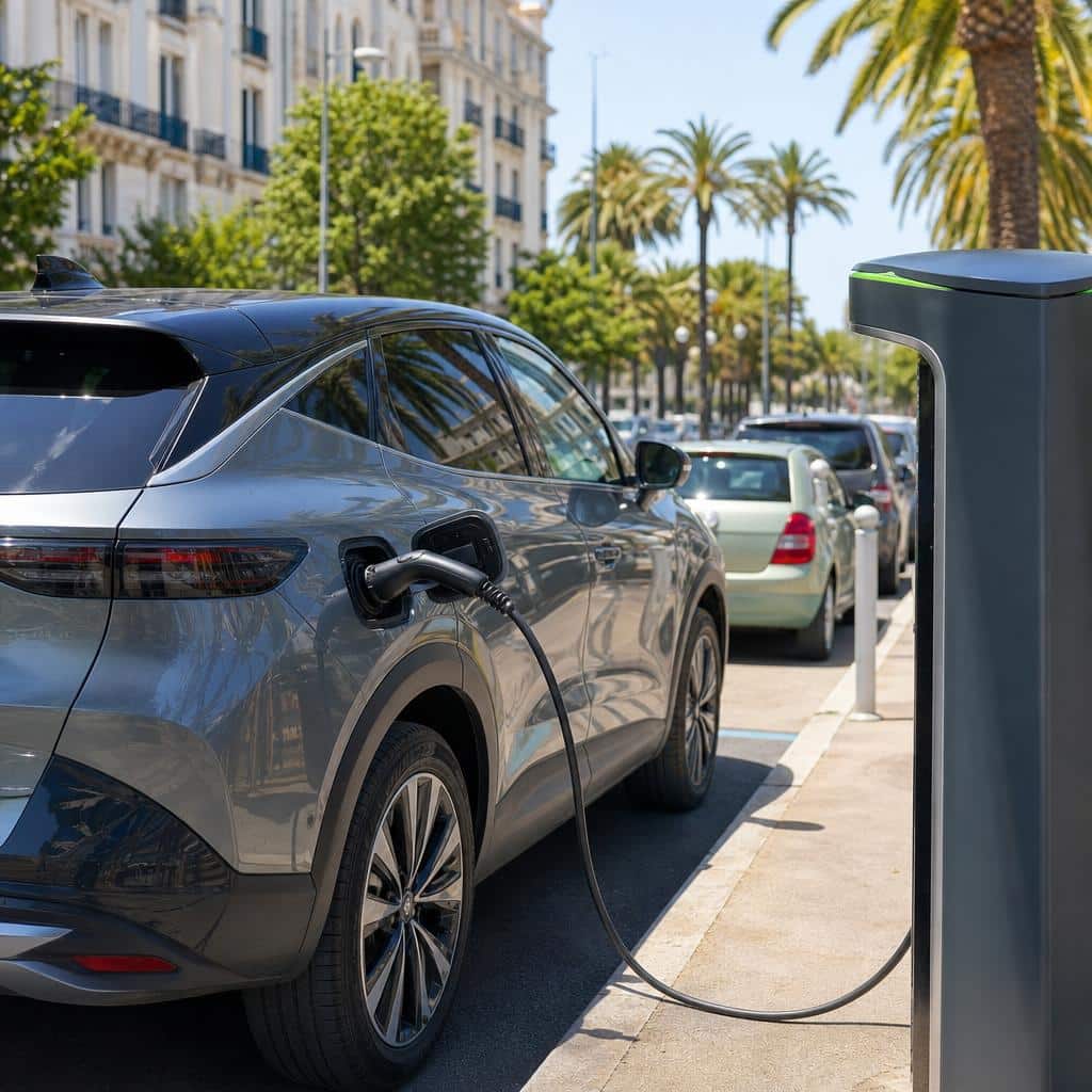 Des bornes de recharge en ville près d'une avenue méditerranéenne à Nice