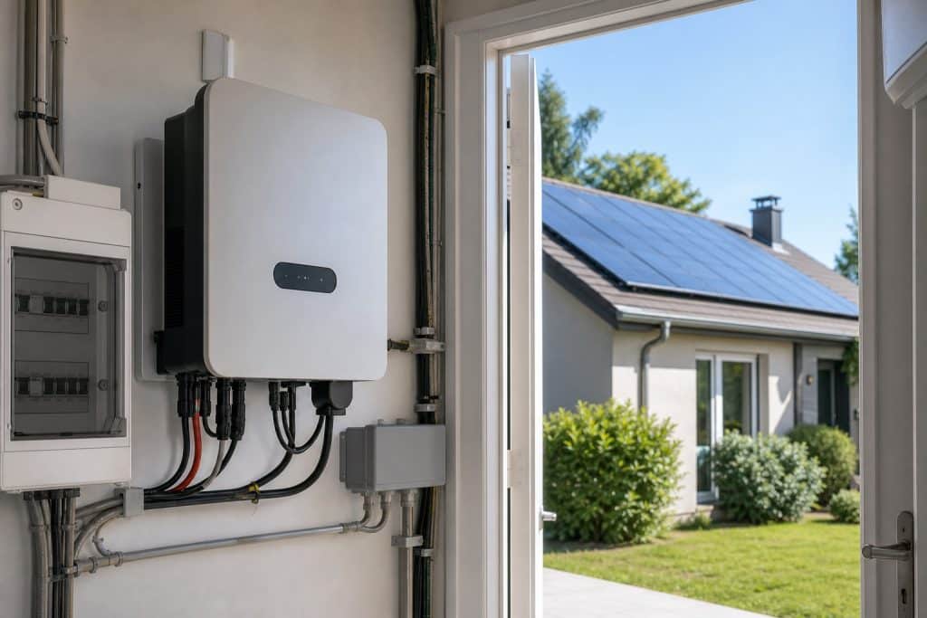 Onduleur photovoltaïque installé sur le mur technique d'une maison avec panneaux solaires sur le toit