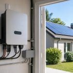 Onduleur photovoltaïque installé sur le mur technique d'une maison avec panneaux solaires sur le toit