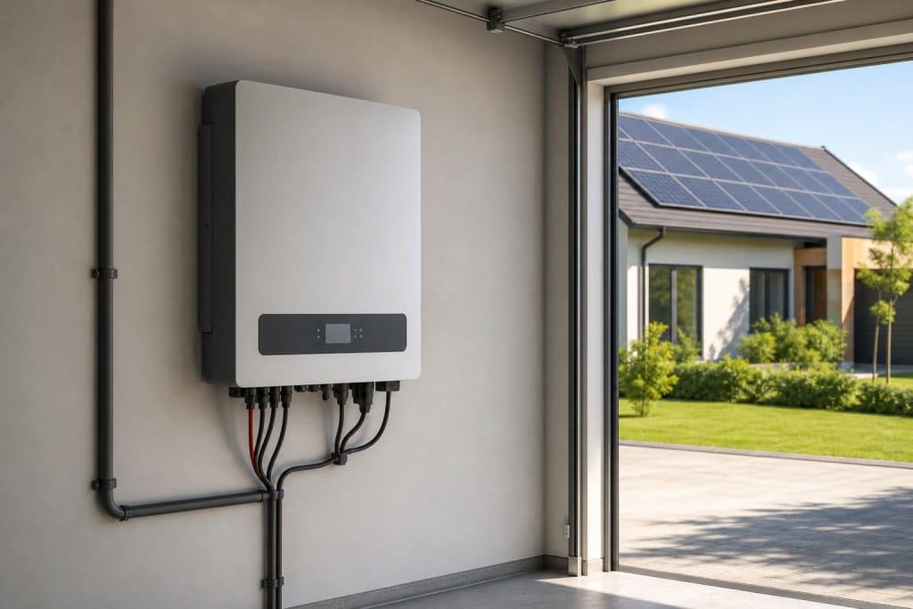 Onduleur solaire moderne fixé au mur d’un garage près d’une installation résidentielle