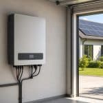 Onduleur solaire moderne fixé au mur d’un garage près d’une installation résidentielle