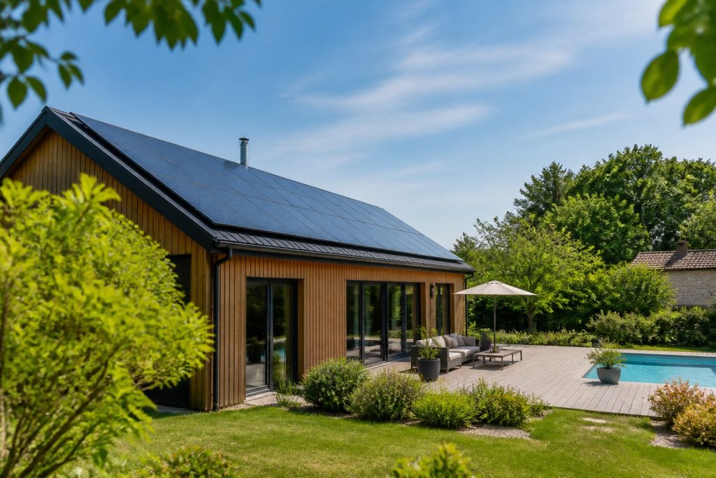 Toiture équipée de panneaux solaires hybrides sur un bâtiment de loisirs en été