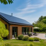 Toiture équipée de panneaux solaires hybrides sur un bâtiment de loisirs en été