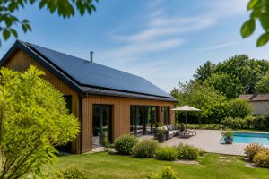 Toiture équipée de panneaux solaires hybrides sur un bâtiment de loisirs en été
