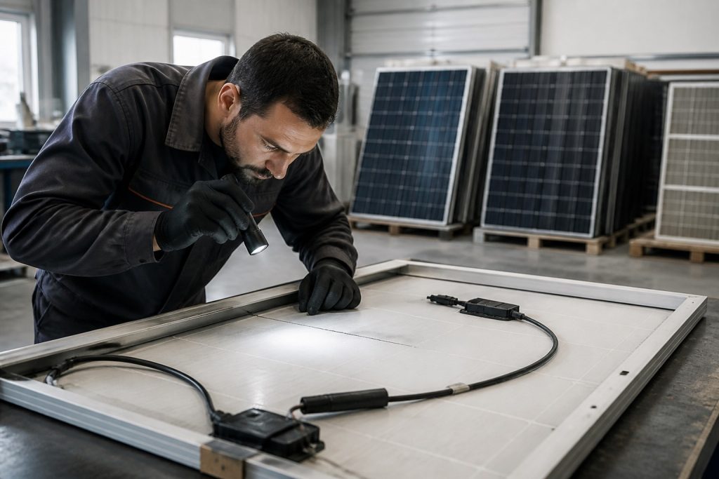 Inspection technique de panneaux solaires démontés avant réemploi