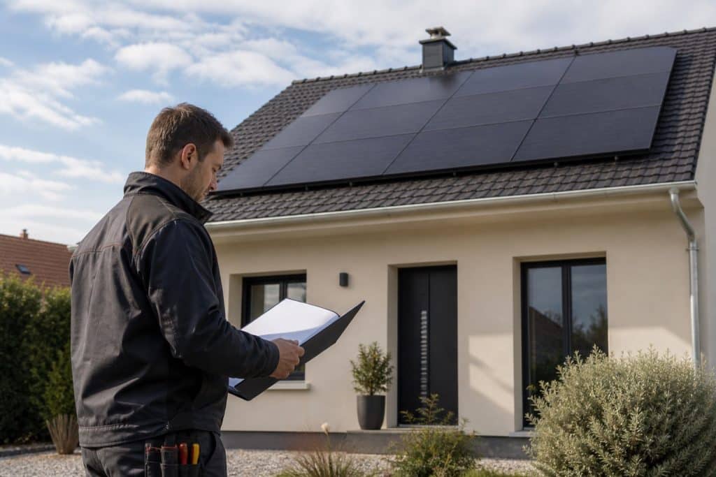 Rangée de panneaux solaires résidentiels avec technicien consultant un devis