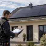 Rangée de panneaux solaires résidentiels avec technicien consultant un devis