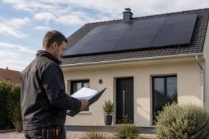 Rangée de panneaux solaires résidentiels avec technicien consultant un devis