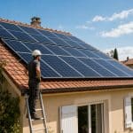 Toiture de maison équipée de panneaux solaires avec installateur en arrière-plan