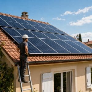 Toiture de maison équipée de panneaux solaires avec installateur en arrière-plan