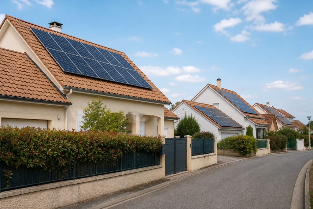 Toitures françaises équipées de panneaux solaires dans un quartier résidentiel récent