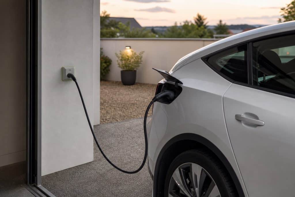 Prise renforcée de recharge dans un garage domestique avec voiture électrique branchée