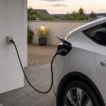 Prise renforcée de recharge dans un garage domestique avec voiture électrique branchée