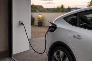 Prise renforcée de recharge dans un garage domestique avec voiture électrique branchée