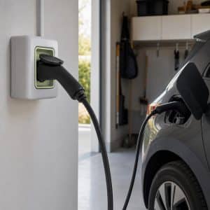 Prise renforcée installée dans un garage résidentiel avec câble de recharge branché