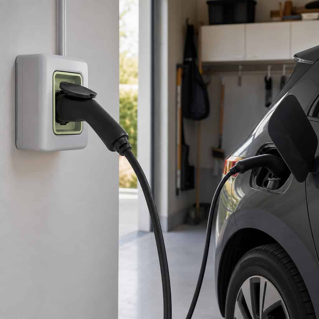 Prise renforcée installée dans un garage résidentiel avec câble de recharge branché