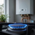 Flamme bleue de gaz devant un fond sobre évoquant le chauffage domestique