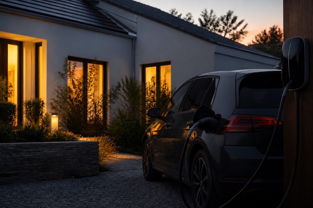 Voiture électrique en charge devant une maison au crépuscule avec compteur énergétique visible